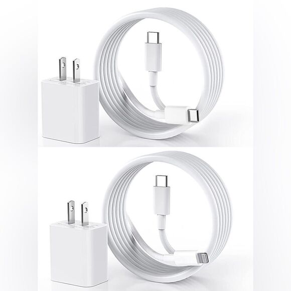 2 Pack 20W Power Adapter with 6.6FT C- C and C-L Cables MFI Certified - Picture 1 of 8